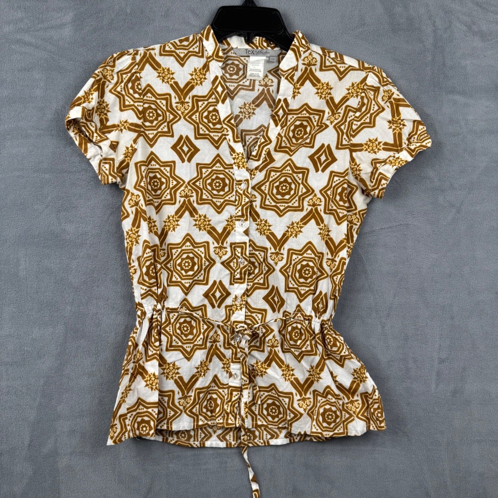 Tex by‎ Max Azria Women's XS Button Front Short Sleeve Tunic Top Geometric Print